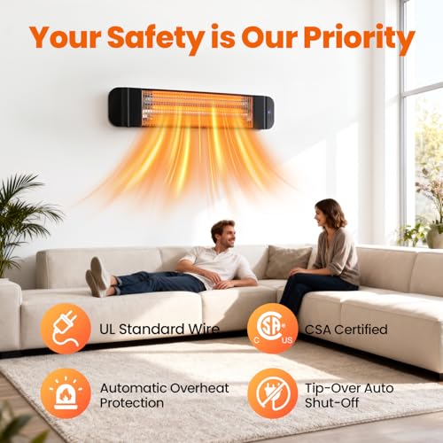 1500W Infrared Patio Heater, 2 Levels (900W/1500W), Wall Mounted Electric Outdoor Heater with Remote, CSA Certified, IP65, Overheat/Tip-Over Protection for Garage & Backyard (Black)