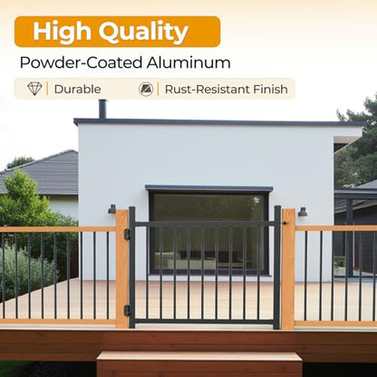 36"x45" Aluminum Deck Fence Gate Outdoor | with Auto-Closing Hinges and Latch, 3/4" Round Black Powder Coated for Patios Railing Indoor & Outdoor
