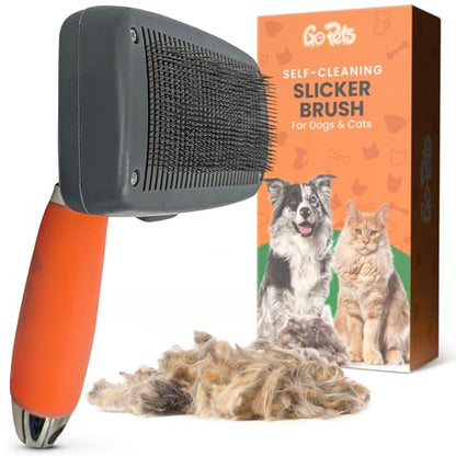 GoPets Self-Cleaning Slicker Brush for Dogs & Cats, Deshedding & Dematting Comb with Retractable Bristles, Undercoat Tool for Long Haired Dogs, Non-Slip Handle, Detangler for Mats & Shedding Fur - style: Slicker Dematting Comb