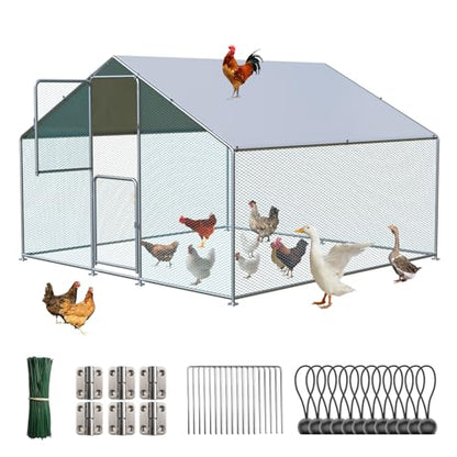 LotFun Metal Chicken Coop, Outdoor Chicken Runs for Yard with Waterproof & Anti-UV Cover, Double Lockable Doors, Outdoor Hen/Duck/Rabbit Runs for 10-30 Chickens (9.8 x 7 x 7FT)