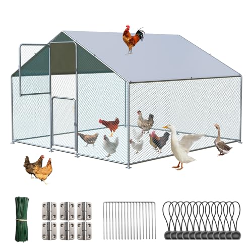 LotFun Metal Chicken Coop, Outdoor Chicken Runs for Yard with Waterproof & Anti-UV Cover, Double Lockable Doors, Outdoor Hen/Duck/Rabbit Runs for 10-30 Chickens (9.8 x 7 x 7FT)