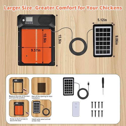 Automatic Chicken Coop Door Solar Powered with Remote Control, Auto Chicken Door with Timer & Light Sensor, Anti-Pinch Safety, Waterproof Aluminum Chicken Door with LED Display