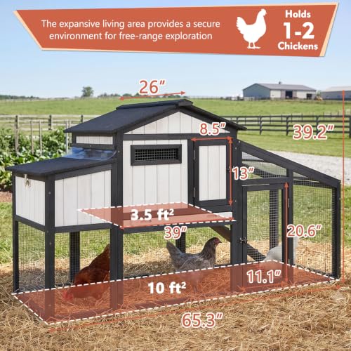 Ketive Chicken Coop with Run, Wooden Outdoor Hen House with 2 Nesting Boxes | Small Backyard Hen House for 1-2 with Predator-Proof Iron Mesh, 2 Perches, Pull-Out Tray, Expandable,Weatherproof Roof,65.3"L - size: 65.3"L x 26.0"W x 39.2"H