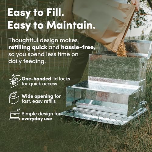 RentACoop 40 lb Automatic Treadle Chicken Feeder, Metal Rat Resistant Poultry Feeder, Rainproof No Waste Step-On Feeder for Chickens, Bantams, Ducks, Pheasants, Outdoor Covered Feed Bin - style: 40LB Treadle Feeder