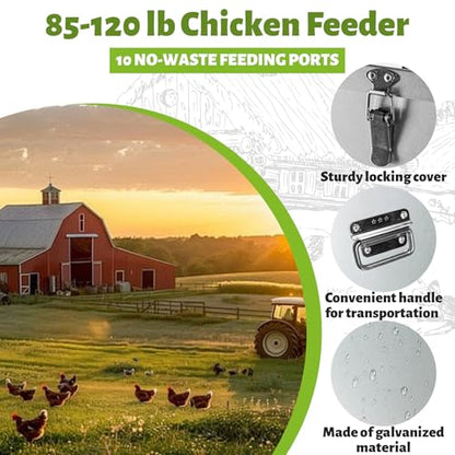 85-120LB Large Automatic Chicken Feeder Galvanized Metal Chicken Feeders with 10 Feeding Ports No Waste Outdoor Poultry Feeder with Handle and Locking Lid for Chickens and Ducks - size: 85-120LB-10 Ports