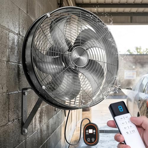 Amico 16 inch Indoor/Outdoor Wall Mount Fan with Remote, Industrial Waterproof Oscillating Wall Mounted Fan, DC Motor 8 Speeds High Velocity for Garage, Patio, Gym, Warehouse
