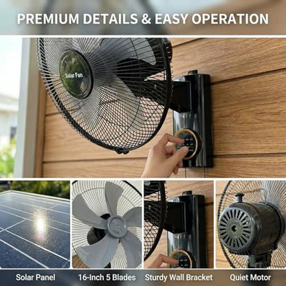Solar Fans for Outside 16", Waterproof Wall Mounted Fan Indoor Outdoor, Oscillating Solar Powered Fan with Remote, 3 Speeds Quiet Porch Fan for Patio, Greenhouse, Garage, Barn