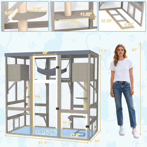 Catio Outdoor Cat Enclosure Large Walk-in Cat House with Flat Roof and Multi-Level Platforms, Cat Hammock & Litter Box Shelf, Elevated Wooden Cat Shelter for Multiple Cats, Backyard Patio Garden - size: 61.5"L x 34"W x 57.5"H