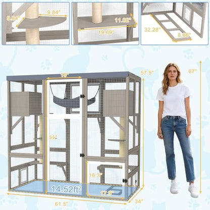Catio Outdoor Cat Enclosure Large Walk-in Cat House with Flat Roof and Multi-Level Platforms, Cat Hammock & Litter Box Shelf, Elevated Wooden Cat Shelter for Multiple Cats, Backyard Patio Garden - size: 61.5"L x 34"W x 57.5"H