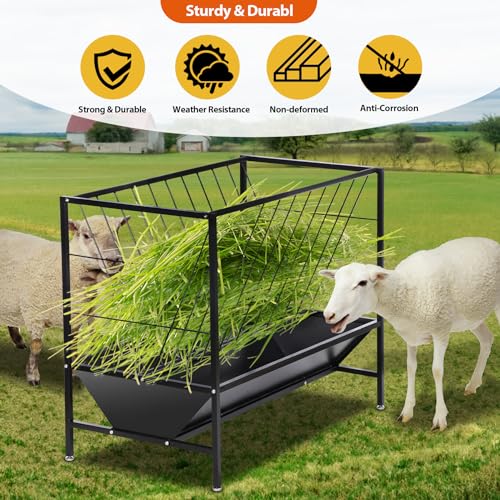 Pasture Hay Feeder 45 Gallon for Farms | Hay Grain Livestock Feeder with 24 Gallon Feed Pan, Livestock Feeding Trough, Feeding Goats, Calves, Cow, Horse