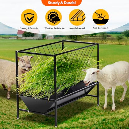 Pasture Hay Feeder 45 Gallon for Farms | Hay Grain Livestock Feeder with 24 Gallon Feed Pan, Livestock Feeding Trough, Feeding Goats, Calves, Cow, Horse