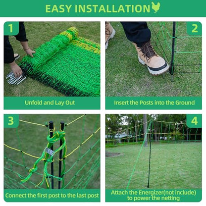 Poultry Netting Electric Fence, Portable Livestock Nets Mesh for Chickens, Ducks, Geese, Turkey, Electric Fencing for Backyards, Homesteaders, Farms, Ranches (Green, 41.5" H x 164' L Poultry)