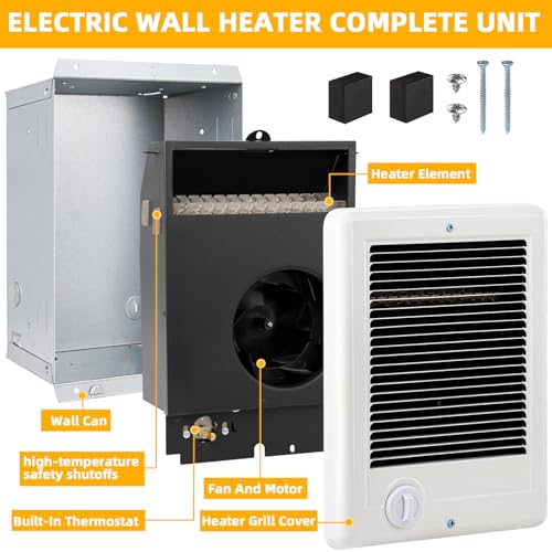 Electric Wall Heater Complete Unit with Thermostat,Replace Model CSC151TW,Part 67509,5120 BTU,1500 Watt,120V In Wall Heater Electric Hard-Wired Heater,Recess Efficient Centrifugal fan Fit Small Rooms