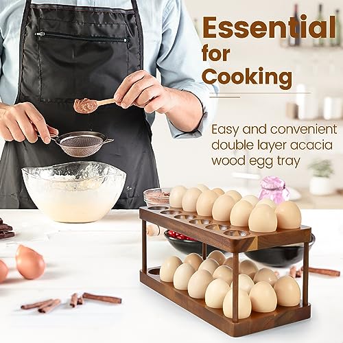 Wooden Double Layer Egg Holder - Farmhouse Kitchen Acacia Egg Tray Organizer - 2 Tier Fresh Egg Storage Rack Basket for Countertop, 36 Capacity - style: 2 tier acacia wood egg tray
