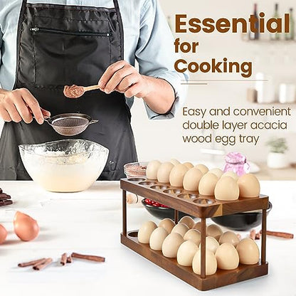Wooden Double Layer Egg Holder - Farmhouse Kitchen Acacia Egg Tray Organizer - 2 Tier Fresh Egg Storage Rack Basket for Countertop, 36 Capacity - style: 2 tier acacia wood egg tray