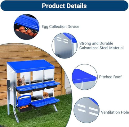 Chicken Nesting Box, 6 Hole 2 Layer Hen Nest Boxes with Legs, Roll-Away Egg Collection System with Ventilation Holes，Rustproof Plastic Tray & Keyhole Mounting, Chicken Laying Box - color: Blue, size: 6 holes with legs