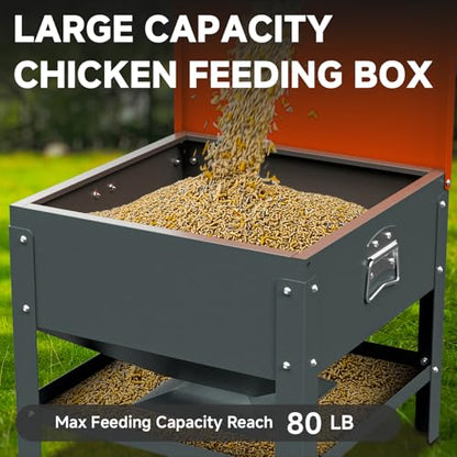 Metal Chicken Feeder with Waterproof Cover, Galvanized Steel Automatic Chicken Feeder, 80 lbs Large Capacity, No Waste Chicken Feeder with Portable Handles, Poultry Feeder for Chickens, Ducks - color: Orange