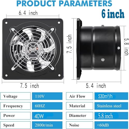 Exhaust Fan 40W Through-wall installation Ventilation Fans 110V Exhaust Fan with Plug 6 inch Exhaust Smoke Fan with Pure Copper Motor for Kitchen Shopping Mall (Black) - style: 6 inch