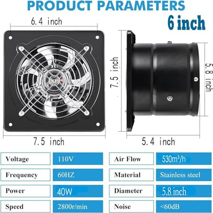 Exhaust Fan 40W Through-wall installation Ventilation Fans 110V Exhaust Fan with Plug 6 inch Exhaust Smoke Fan with Pure Copper Motor for Kitchen Shopping Mall (Black) - style: 6 inch