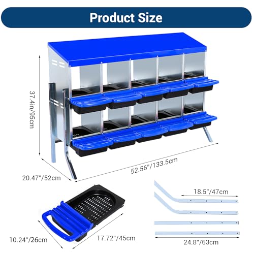 GarveeLife Chicken Nesting Box, 10 Compartments Nesting Boxes for Chickens, Chicken Laying Boxes with Legs, Roll Away Nesting Box for Chickens Laying Egg with Lid Cover to Protect Eggs, Blue