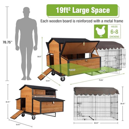 GUTINNEEN Mobile Chicken Coop with All-Around Metal Frame, 76.7" Large Chicken Coops with Super Large Wheels, Outdoor Poultry Cage Hen House with Metal Run for 6-8 Chickens - size: 76"L