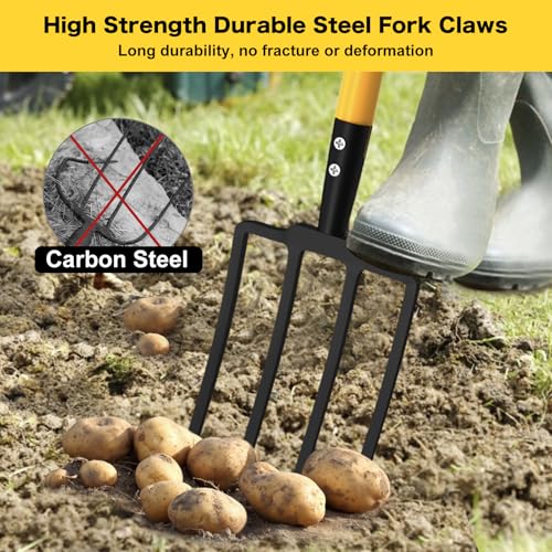 Pitch Fork, 4 Tine Heavy Duty Garden Fork with Ergonomic No-Slip D-Grip Handles, 45 Inches Long Handle Spading Fork, Perfect for Gardening Digging, Land Management, Yard work, Farming (Black)