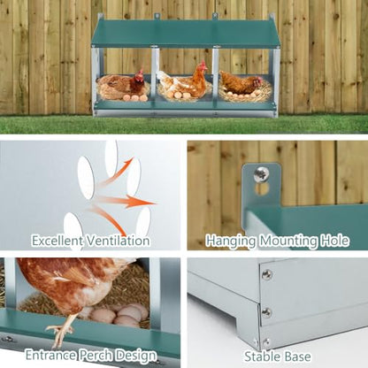 Galvanized Steel Chicken Nesting Box for Hens – Wall-Mounted Poultry Egg Laying Box with Ventilated Design and Roll-Out Bottom (3-Hole,Green) - color: 3-Hole,Green