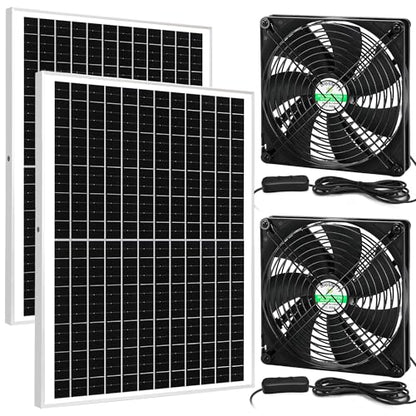 blessny 7.1" Solar 2 Fan Kit for Intake or Exhaust air, Weatherproofed 50W Solar Powered Fans for Outside Chicken Coops, Greenhouses, Shed, Pet House Air Ventilation - size: 7.1" 2 Fan Kit