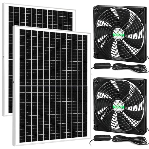 blessny 7.1" Solar 2 Fan Kit for Intake or Exhaust air, Weatherproofed 50W Solar Powered Fans for Outside Chicken Coops, Greenhouses, Shed, Pet House Air Ventilation - size: 7.1" 2 Fan Kit