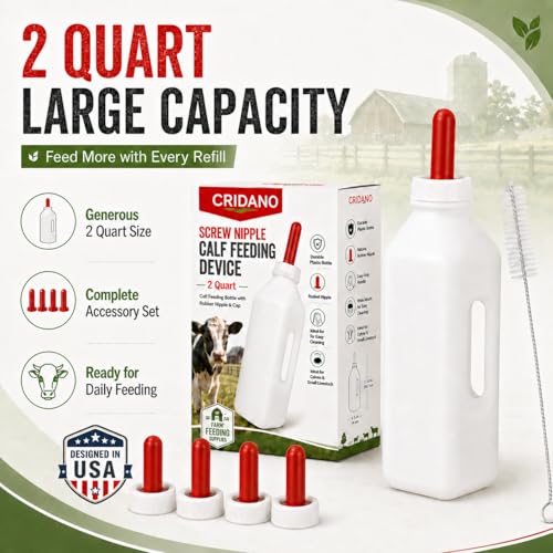 Calf Feeding Bottle 2 Quart with Screw Nipple, Livestock Nursing Bottle Kit with 4 Extra Rubber Nipples & Long Cleaning Brush, Easy-Grip Milk Bottle for Calves, Lambs, Goat Kids, Farm Feeding Supplies