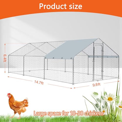 Outdoor Metal Chicken Coop Large Walk-in Poultry Cage Spire-Shaped Chicken Run with Waterproof and Anti-Ultraviolet Cover for Outside,Backyard and Farm,14.7' L*9.8' W*6.4' H - size: 14.7' L*9.8' W*6.4' H