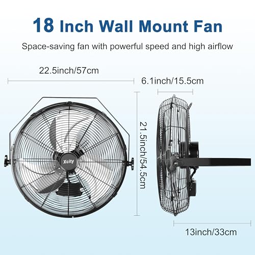 Xcity 18 Inch Metal Wall Mounted Fan, Max 4200 CFM High Velocity Industrial Fan with 3 Speeds & 360°Adjustable Tilt for Warehouse, Workshop, Greenhouse, Commercial - size: 18'' Standard