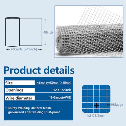 Gardeal 19 Gauge 1/2 Inch Hardware Cloth - Double Hot-Dipped Galvanized After Welding Steel Mesh - Duty Rust Proof Fencing for Gardens, Poultry Animal Netting Cage Screen (48inx1200in) - size: 48inx1200in