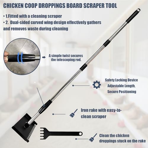 Chicken Coop Droppings Board Scraper Tool with Hand Scraper 68.5" Long Handle Chicken Coop Poop Scoop with Telescopic Pole, Dual-Sided Iron Rake & Flat Scraper, Essential Poultry Accessories