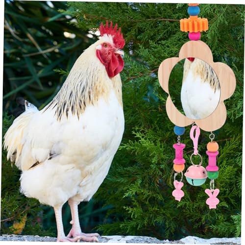 Creative Wooden Chicken Hanging Mirror Toy Bell Interactive Rooster and Hen Plaything for Pet Birds for Coop Enrichment and Entertainment