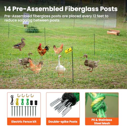 Electric Poultry Netting, 47.2" H x 164'L Electric Chicken Fence for Chickens, Ducks,Turkeys, Sheep, Geese, Portable Poultry Nets Fence kit for the Yard,Backyards,Farms,Ranches, Energizer Not Included