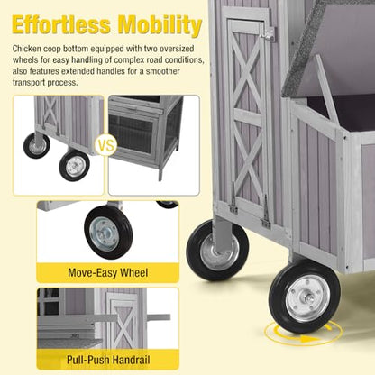 Aivituvin Chicken Coop Mobile Outdoor Hen House with Large Wheels Durable Wooden Poultry Cage with 3 Nesting Box for 2-6 Chickens 51.5’’ (51.57'' × 41.02'' × 51.18'') - size: 51.57'' × 41.02'' × 51.18''