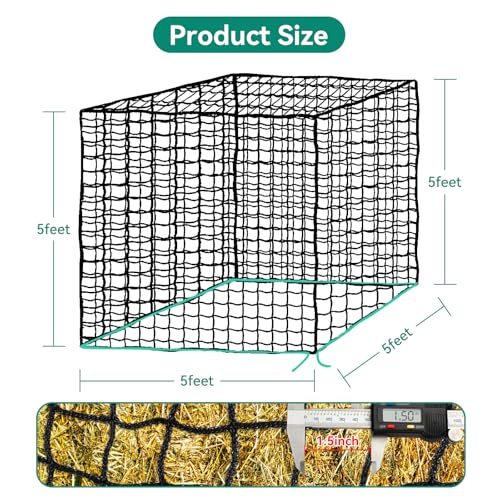 Round Bale Hay Net for Horses,5x5 Feet Knotless Slow Feed Hay Net Feeder for Livestocks,Heavy Gauge Large Hay Net for Horses, Cattle, Sheep in Farms and Pastures