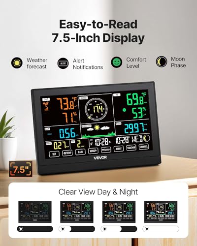 VEVOR 7-in-1 Wireless Weather Station, 7.5-Inch VA Display, Solar Powered Outdoor Sensor, Rain Gauge, Indoor Outdoor for Weather Forecast, Temperature, Humidity, Wind Speed and Direction (No WiFi) - style: 7in1 NO WiFi New Version
