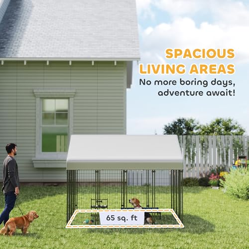 PawHut Outdoor Dog Kennel with Roof, 8' x 8' x 6' Heavy Duty Welded Wire Dog Playpen Enclosure with Escape-Proof Lock, UV-Resistant & Waterproof Cover, for Large Dogs, Chickens, Ducks, Silver - size: 96.1"L x 96.1"W x 72.0"H, style: Single Room