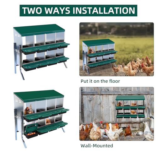 GarveeHome 2-Tier Chicken Nesting Box, 8 Compartment Metal Chicken Laying Boxes with Waterproof Roof ＆ Removable Trays for Hens, Poultry，Easy Egg Collection - color: Green, size: 47.2"L x 17.7"W x 35.4"H