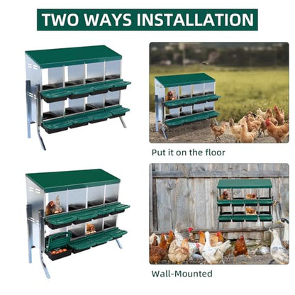 Chicken Nesting Box 8-Compartment – Roll Away Laying Boxes for Hens with Lid Cover & Egg Protection – Heavy Duty Red Poultry Nest Box - color: Green, size: 47.2"L x 17.7"W x 35.4"H