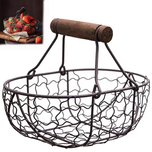 Wire Egg Collecting Basket: Small Egg Basket for Gathering Fresh Eggs, Bread, Fruit, Vegetable, Fresh Egg Holder Countertop with Handle, Vintage Decorative Farmhouse Collection (Brown) - color: Brown