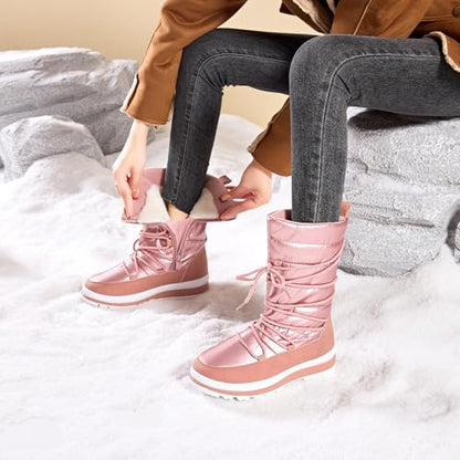 Waluzs Snow Boots for Women Fur Winter Boots Waterproof Ski Boots Women's Mid Calf Boots Furry White Lace up Boots with Zipper - color: Pink, size: 6