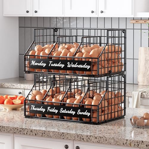 Egg Basket for Countertop, Egg Holder Countertop with 5 Dividers & Labels, 2 Tier Stackable Wire Storage Baskets to Keep Fresh Eggs Organized, Egg Organizer Deco - color: XL-Black(15.7W x 15.8H)