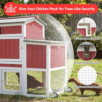 78" Wooden Chicken Coop with Nesting Box, Poultry Cage with Wheel Leak Proof Pull-on Tray and Asphalt Waterproof Roof, Hen House for Garden Backyard Farm - color: Red, size: 25.6"L x 39.4"W x 77.4"H
