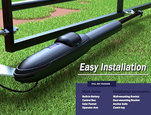 Blütezeit Solar Swing Gate Opener, 880lb Single-Arm Operator with Built-in 24V Lithium Battery & 25W Solar Panel, Integrated Control Box for Easy Install, Smart Auto Setting, 2 Remotes & Complete Kits