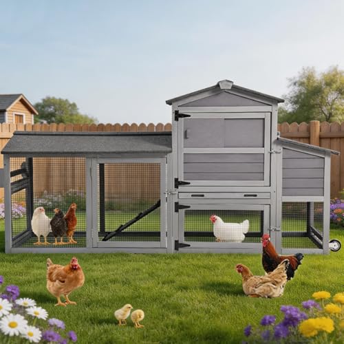 Mobile Chicken Tractor with 2 Nesting Boxes, 81" Large Wooden Chicken Coop for 2-4 Chickens, Predator Proof Poultry House with Wheels, Waterproof Roof & Removable Tray (Grey, 80.5"L x 21.2"W x 42.5"H) - color: Grey, size: 80.5"L x 21.2"W x 42.5"H
