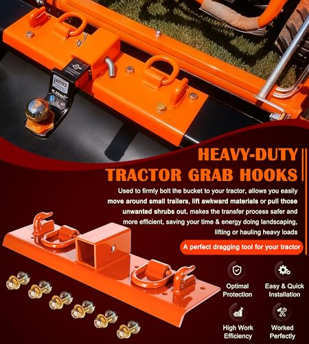 Bonbo Tractor Grab Hooks Compatible with Kubota Tractors - Bolted on Compact Tractor Bucket Grab Hooks with D Rings and 2" Receiver, Orange