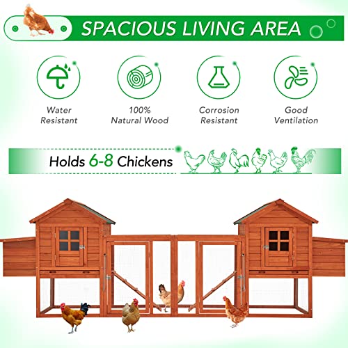 AECOJOY 123“ Chicken Coop for 10 Chickens | Large Chicken Coop with Run, 4 Nesting Boxes, Wooden Outdoor Chicken House with Removable Tray, Roosting Bars, Ramp, Brown - color: Brown